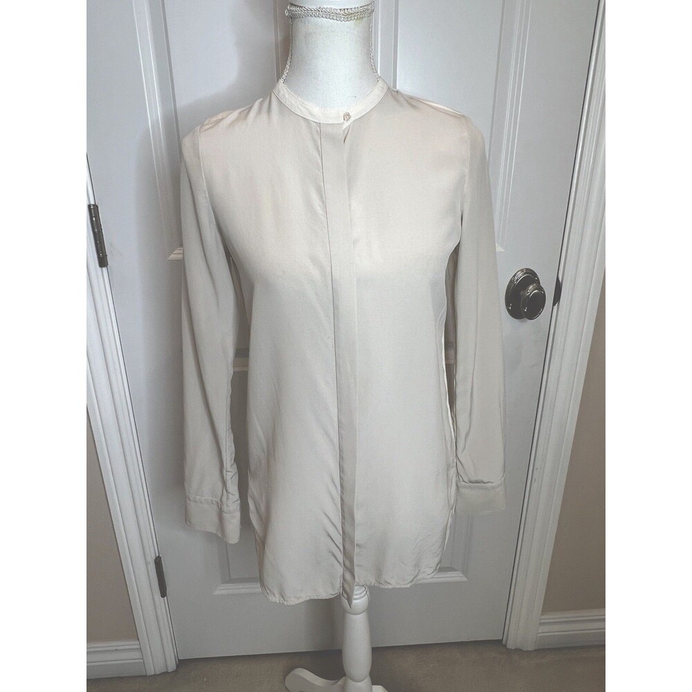 VINCE Bone Cream Banded Collar 100% Silk Blouse Shirt Long Sleeve Size 2
